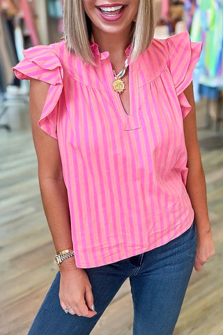 Pink Berry Stripes Ruffle Sleeve Top