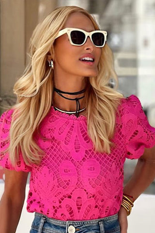 Puff Sleeve Lace Top - Hot Pink