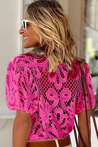 Puff Sleeve Lace Top - Hot Pink
