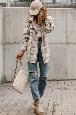 Plaid Shacket with Removable Hood - Beige