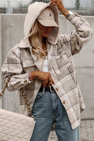 Plaid Shacket with Removable Hood - Beige