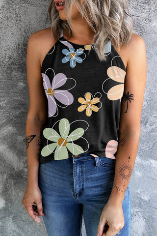 Abstract Daisy Sleeveless Top - Black