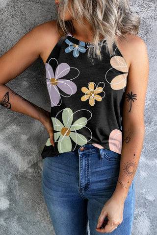 Abstract Daisy Sleeveless Top - Black