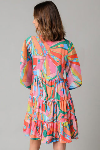 Retro Vibes Long Sleeve Dress - Coral