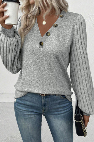 V-Neck Long Sleeve Top - Gray