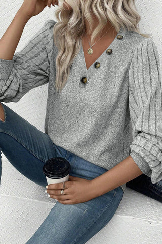 V-Neck Long Sleeve Top - Gray