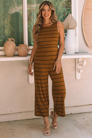 Striped Casual Jumpsuit - Brown