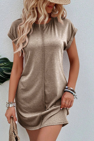 Rolled Sleeve T-Shirt Dress - Brown