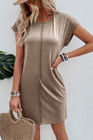 Rolled Sleeve T-Shirt Dress - Brown