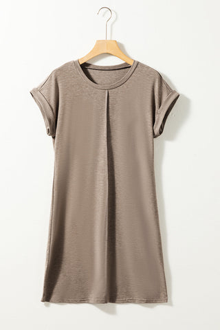 Rolled Sleeve T-Shirt Dress - Brown