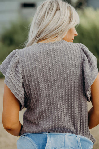 Textured Ruffle Sleeve Top - Gray