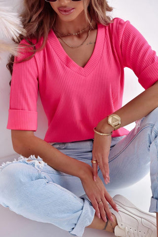 Ribbed Half Sleeve Top - Pink
