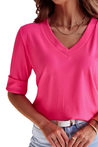 Ribbed Half Sleeve Top - Pink