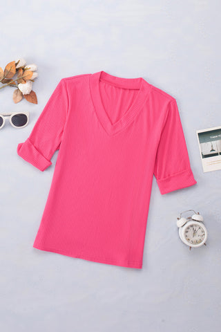Ribbed Half Sleeve Top - Pink