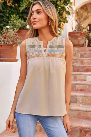 Embroidered Sleeveless Top - Beige