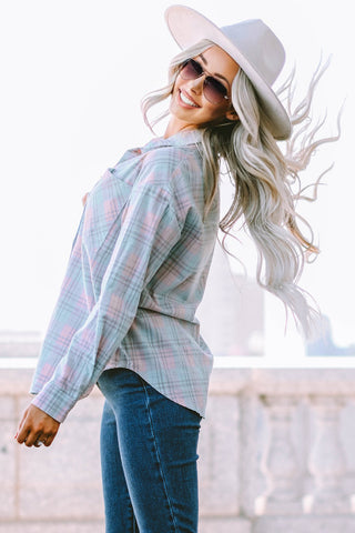 Plaid Button Up Top - Pink and Blue