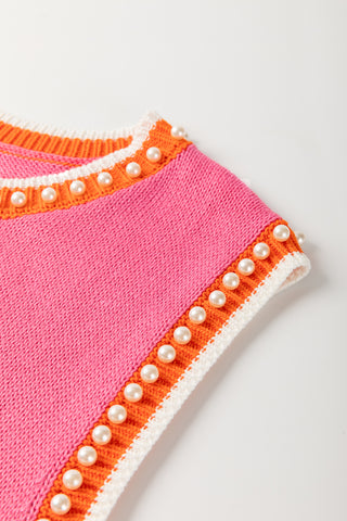 Pearl Detail Sleeveless Sweater - Pink and Orange