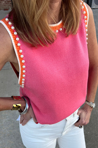 Pearl Detail Sleeveless Sweater - Pink and Orange