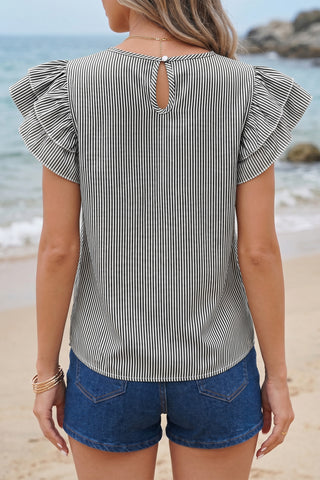 Ruffle Sleeve Striped Top - Gray