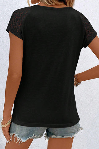 Keyhole Lace Short Sleeve Top - Black