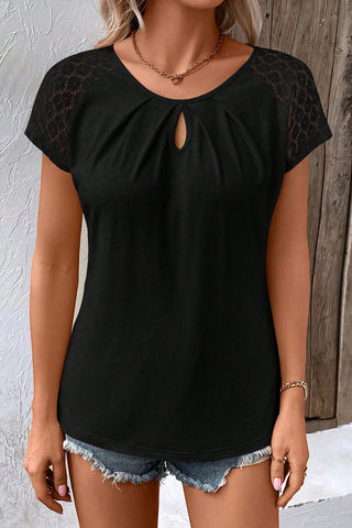 Keyhole Lace Short Sleeve Top - Black