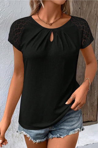 Keyhole Lace Short Sleeve Top - Black
