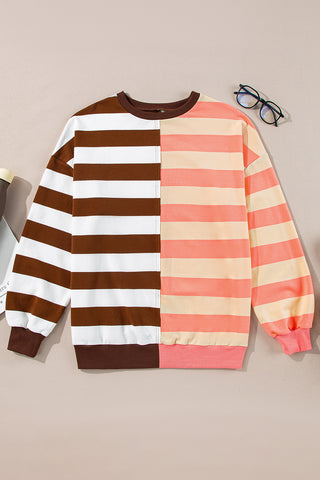 Crew Neck Striped Sweatshirt - Brown and Peach