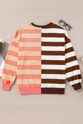 Crew Neck Striped Sweatshirt - Brown and Peach