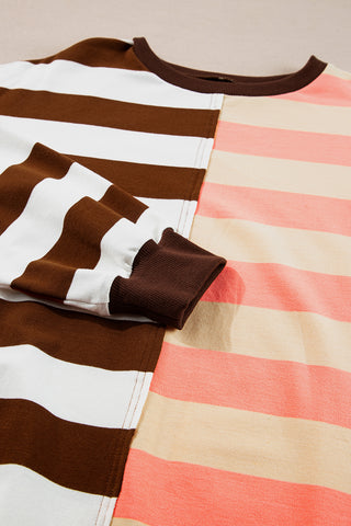 Crew Neck Striped Sweatshirt - Brown and Peach
