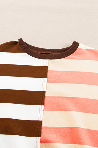 Crew Neck Striped Sweatshirt - Brown and Peach