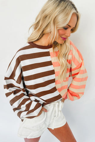 Crew Neck Striped Sweatshirt - Brown and Peach