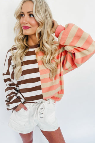 Crew Neck Striped Sweatshirt - Brown and Peach