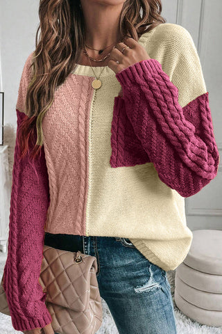 Cable Knit Color Block Sweater - Pink