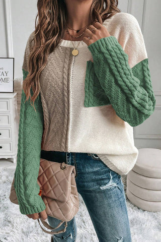 Cable Knit Color Block Sweater - Green