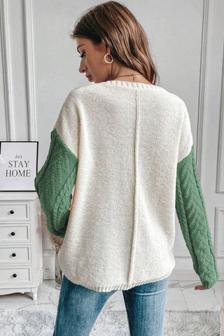 Cable Knit Color Block Sweater - Green
