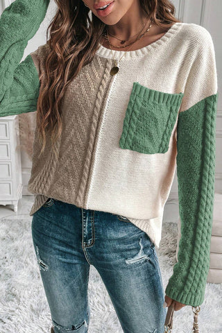 Cable Knit Color Block Sweater - Green