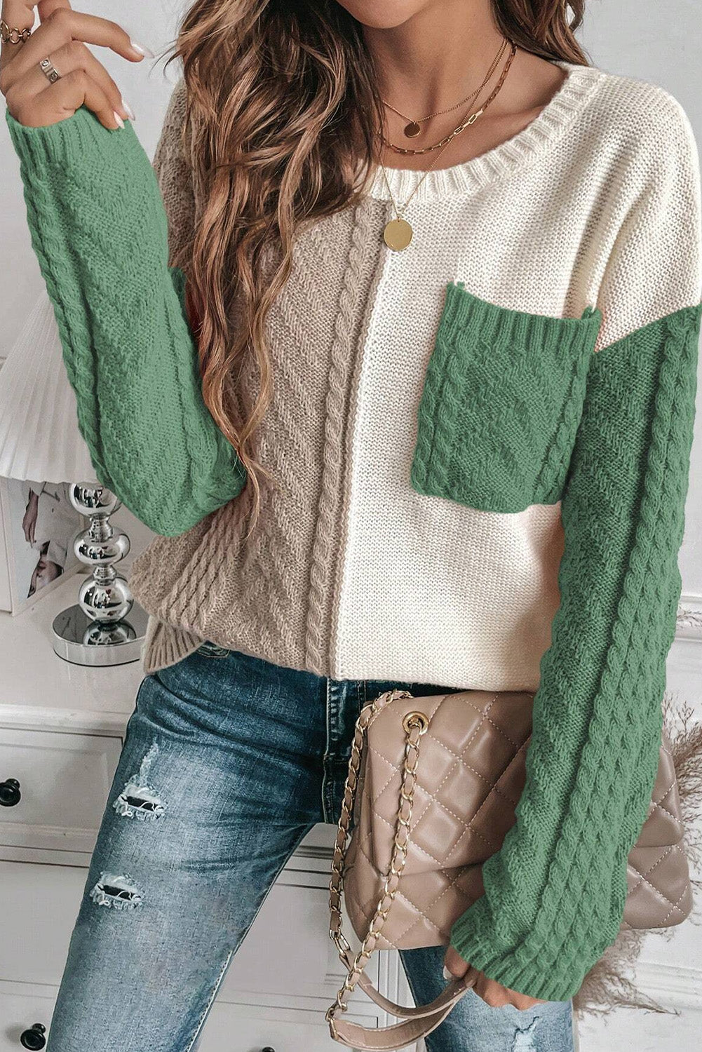 Cable Knit Color Block Sweater - Green | Blue Chic Boutique