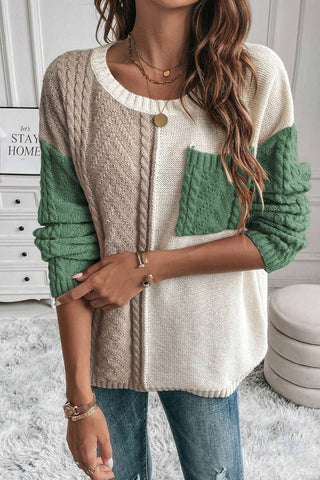 Cable Knit Color Block Sweater - Green
