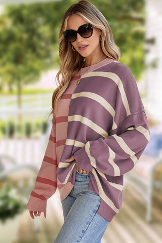 Crew Neck Striped Sweatshirt - Orchid and Pink