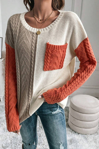 Cable Knit Color Block Sweater - Rust