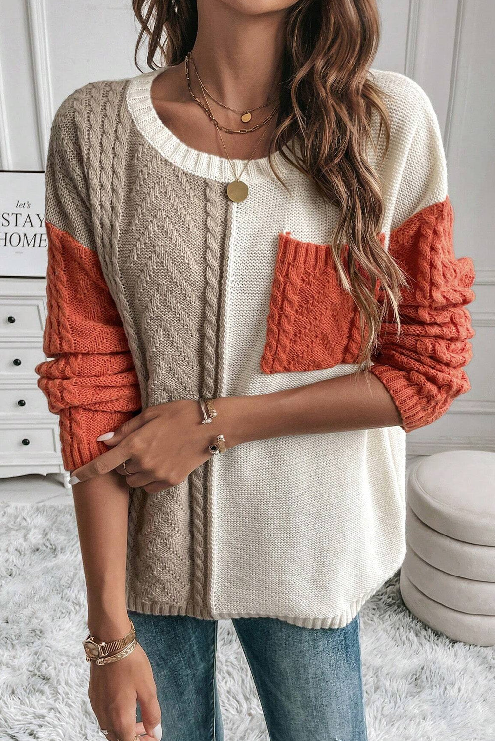 Cable Knit Color Block Sweater - Rust | Blue Chic Boutique
