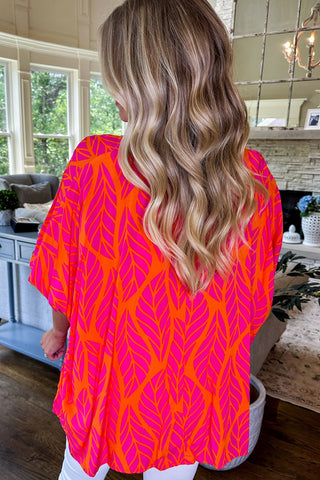 Smocked Wrist Shift Top - Coral Leaf Print