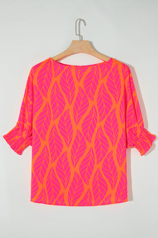 Smocked Wrist Shift Top - Coral Leaf Print