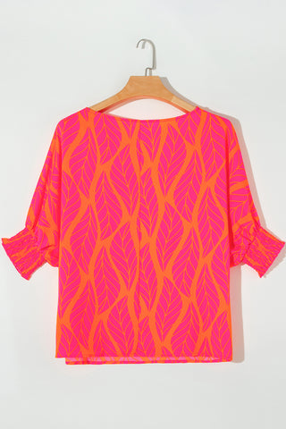 Smocked Wrist Shift Top - Coral Leaf Print