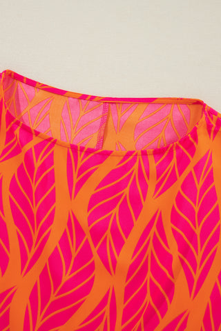Smocked Wrist Shift Top - Coral Leaf Print