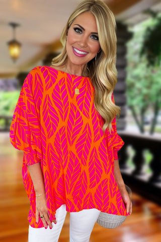 Smocked Wrist Shift Top - Coral Leaf Print