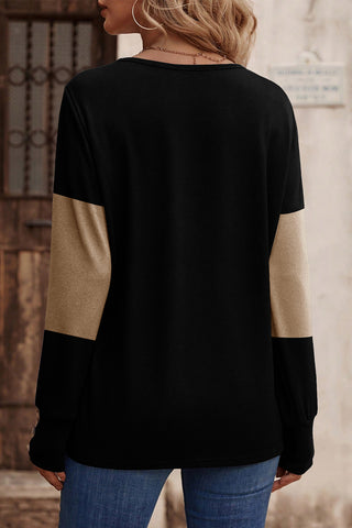Color Block Top with Buttons - Black and Taupe