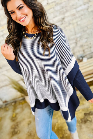 Striped Poncho Top - Navy