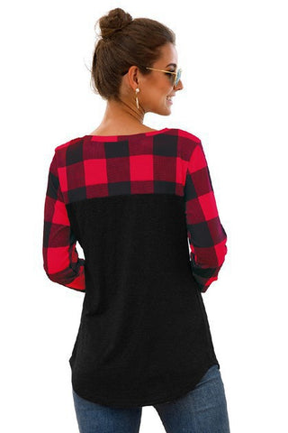 Buffalo Plaid Top with Leather Patch Pocket - Red