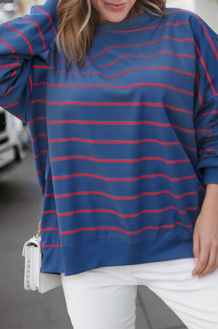 Autumn Chill Striped Oversized Sweatshirt - Blue